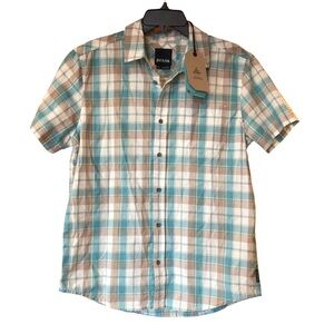PrAna Men’s Small Short Sleeve Plaid Brand New Button Collar Shirt Azurite Teal